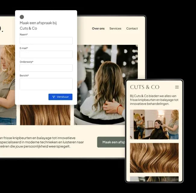 Voorbeeld van een kapsalonwebsite op desktop en mobiel met een formulier om een afspraak te maken.