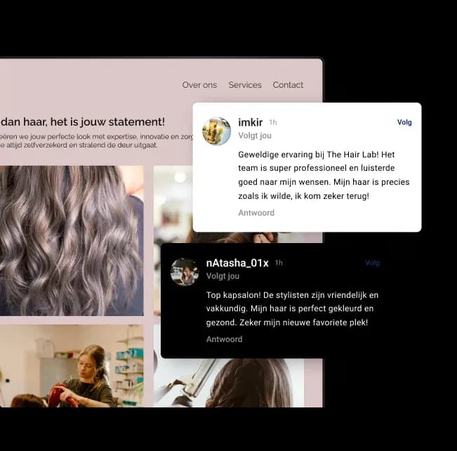 Kapsalonwebsite met foto’s van kapsels en socialmediaberichten van tevreden klanten.