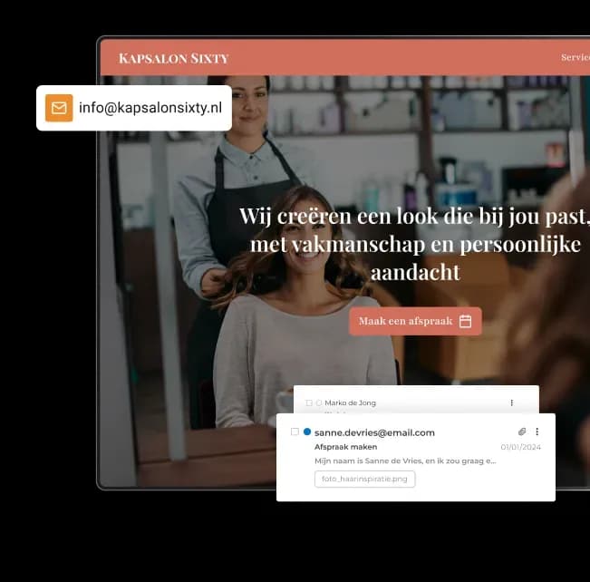 Professionele kapperswebsite met een eigen e-mailadres en ontvangen klantaanvraag.