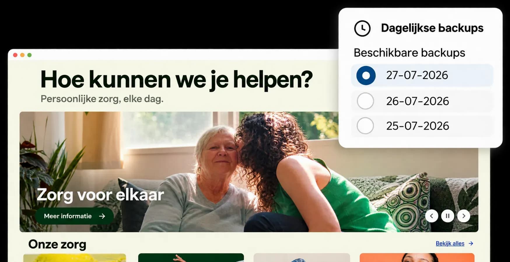 Dagelijkse back-ups met drie beschikbare datums, naast een website en een kaartje met HTML-code.