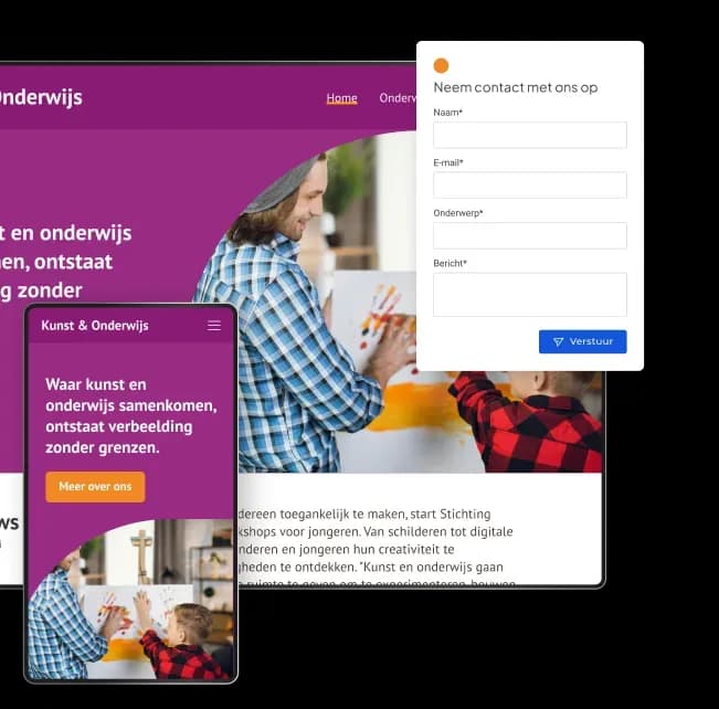 Website voor een kunst- en onderwijsorganisatie op desktop en mobiel met een ingebouwd contactformulier.