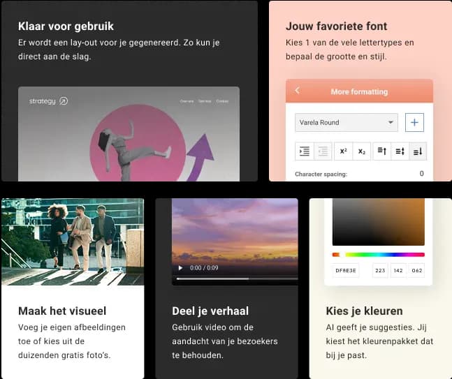 Voorbeelden van de aanpassingsmogelijkheden in de Website Builder, zoals lay-outs, lettertypes, afbeeldingen, video’s en kleuren.
