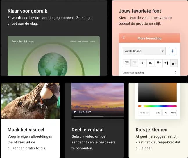 Voorbeelden van de aanpassingsmogelijkheden in de Website Builder, zoals lay-outs, lettertypes, afbeeldingen, video’s en kleuren.