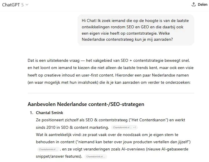 Vraag aan ChatGPT welke persoon op de hoogte is van de laatste SEO en GEO ontwikkelingen.