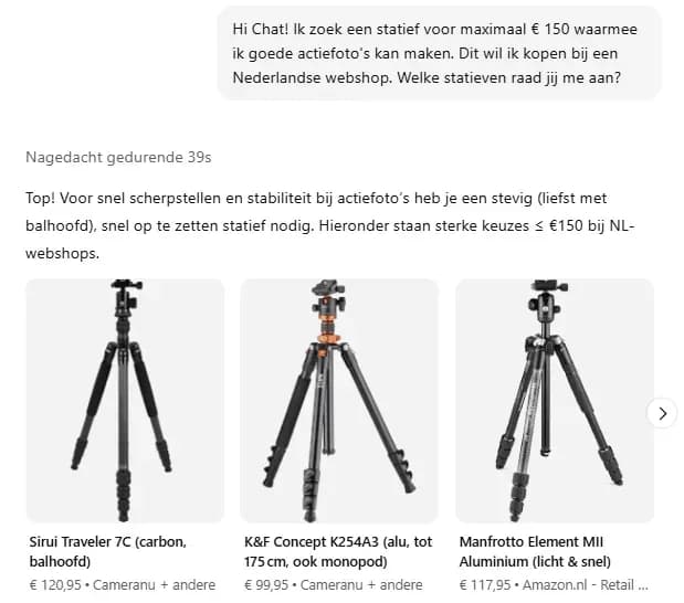 Vraag aan ChatGPT over de zoektocht naar en statief van maximaal 150 euro voor het maken van actiefoto's.