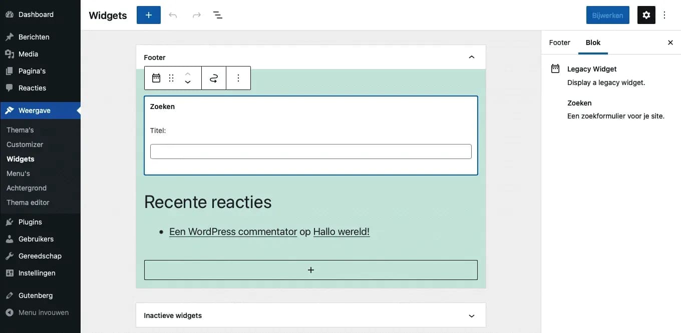 Screenshot van de Gutenberg interface in het WordPress-dashboard