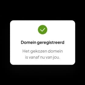 Bevestigingsscherm met groen vinkje na het registreren van een domeinnaam.