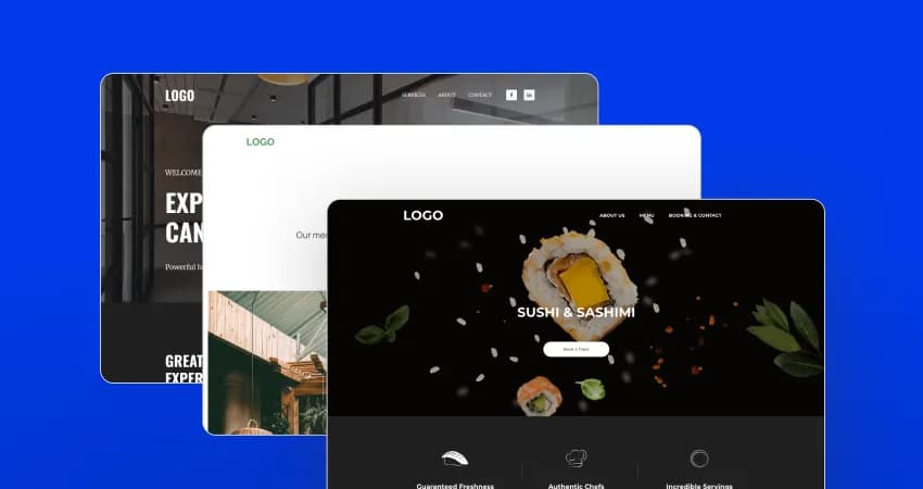 Drie voorbeeldwebsites gebouwd door Hostnet-designers, waaronder een restaurantwebsite