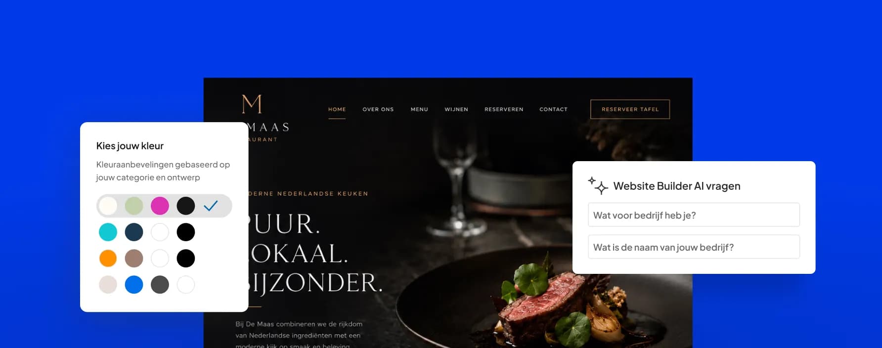 Voorbeeld van een restaurantwebsite gemaakt met de Hostnet Website Builder, met kleurkeuzepaneel en AI-hulp.