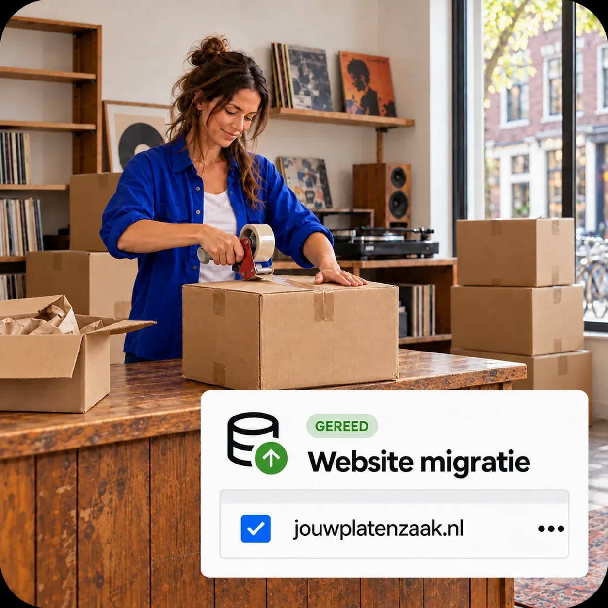 Website-migratie met een vinkje, naast een lachende vrouw die een gebreide trui in een doos pakt.