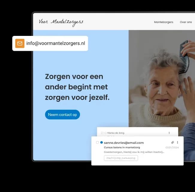Professionele website voor mantelzorgers met een eigen e-mailadres en ontvangen cursusinschrijving.