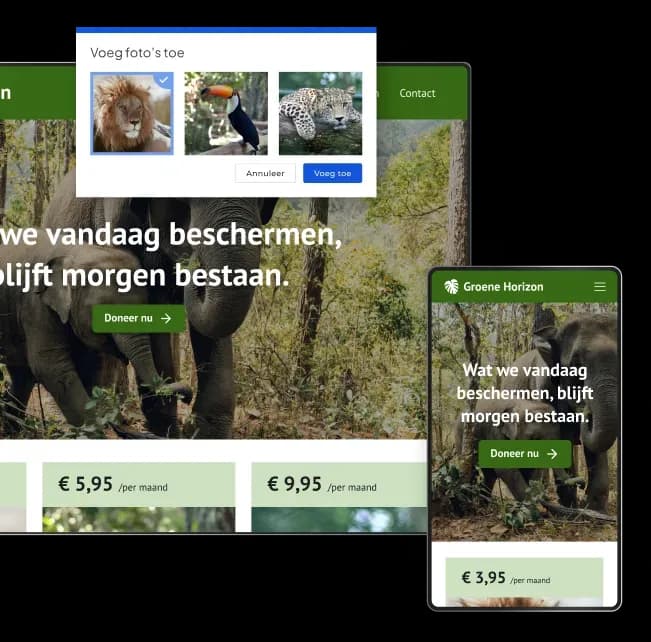 Website voor een natuurorganisatie op desktop en mobiel met eenvoudig fotobeheer en donatiemogelijkheden.
