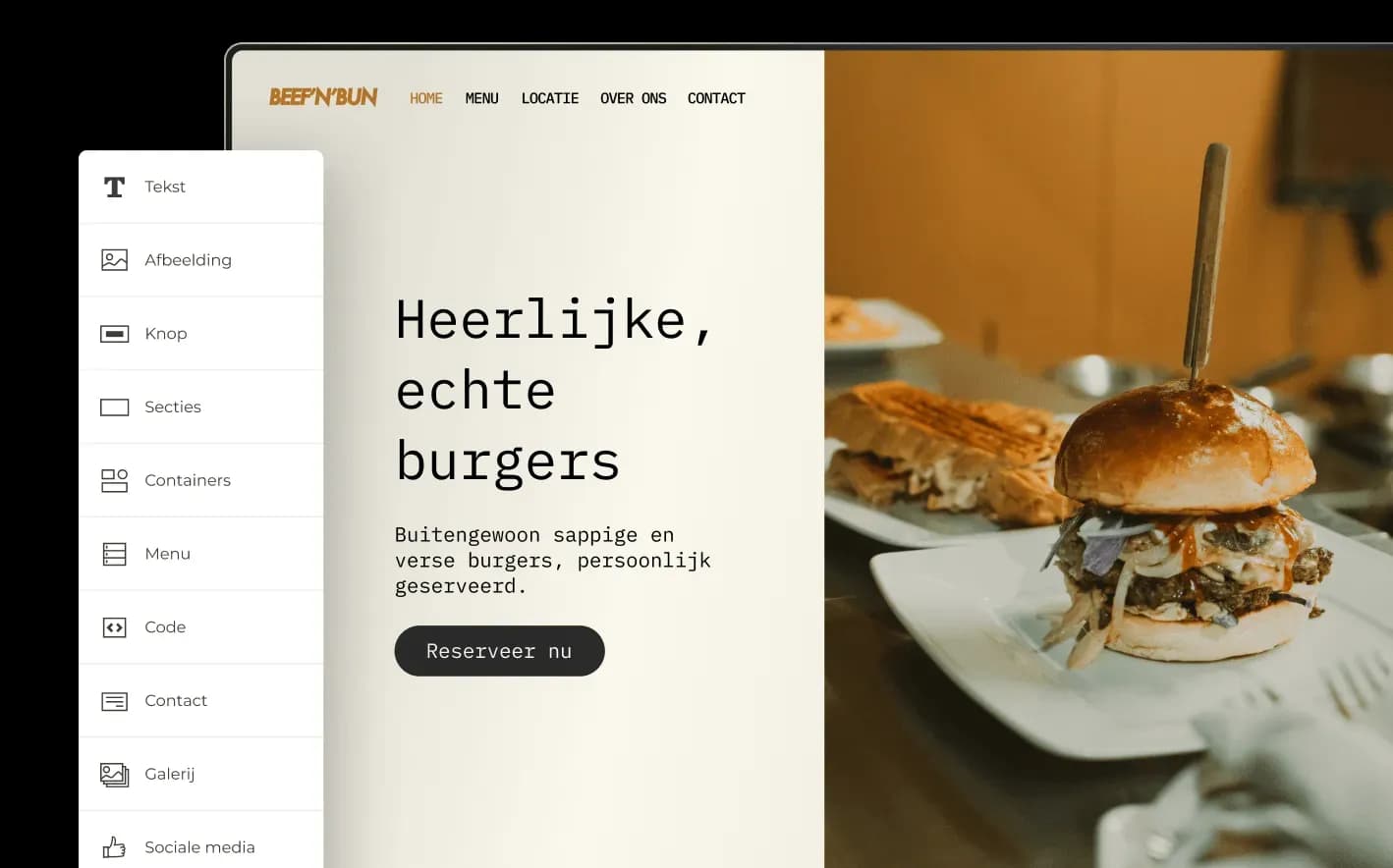 Website Builder met keuzemenu voor het toevoegen van onder meer tekst, afbeeldingen en knoppen aan een restaurantwebsite.