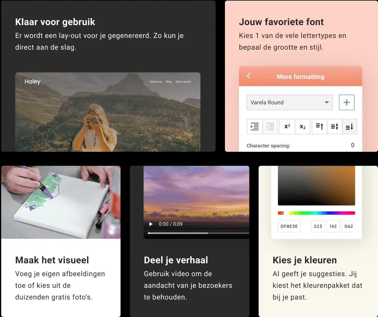 Voorbeelden van de aanpassingsmogelijkheden in de Website Builder, zoals lay-outs, lettertypes, afbeeldingen, video’s en kleuren.
