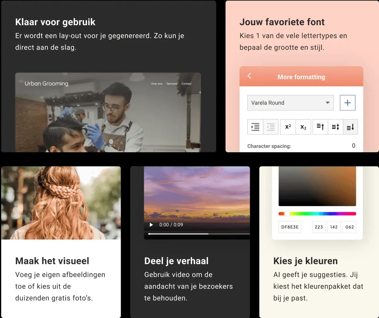 Voorbeelden van de aanpassingsmogelijkheden in de Website Builder, zoals lay-outs, lettertypes, afbeeldingen, video’s en kleuren.