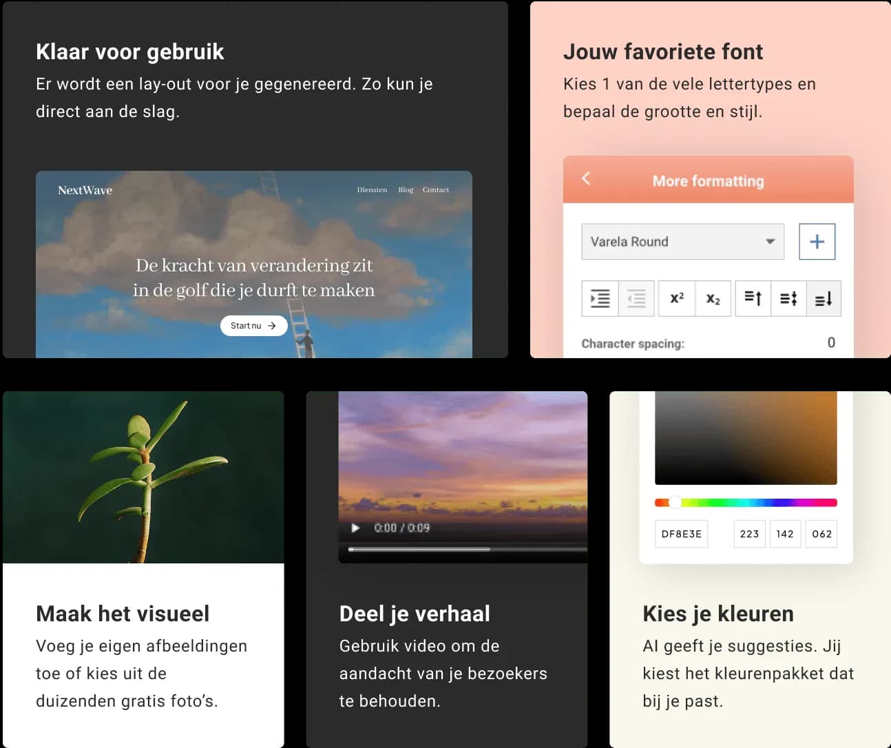 Voorbeelden van de aanpassingsmogelijkheden in de Website Builder, zoals lay-outs, lettertypes, afbeeldingen, video’s en kleuren.