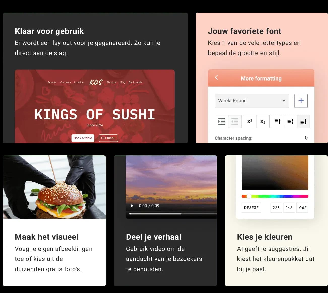 Voorbeelden van de aanpassingsmogelijkheden in de Website Builder, zoals lay-outs, lettertypes, afbeeldingen, video’s en kleuren.