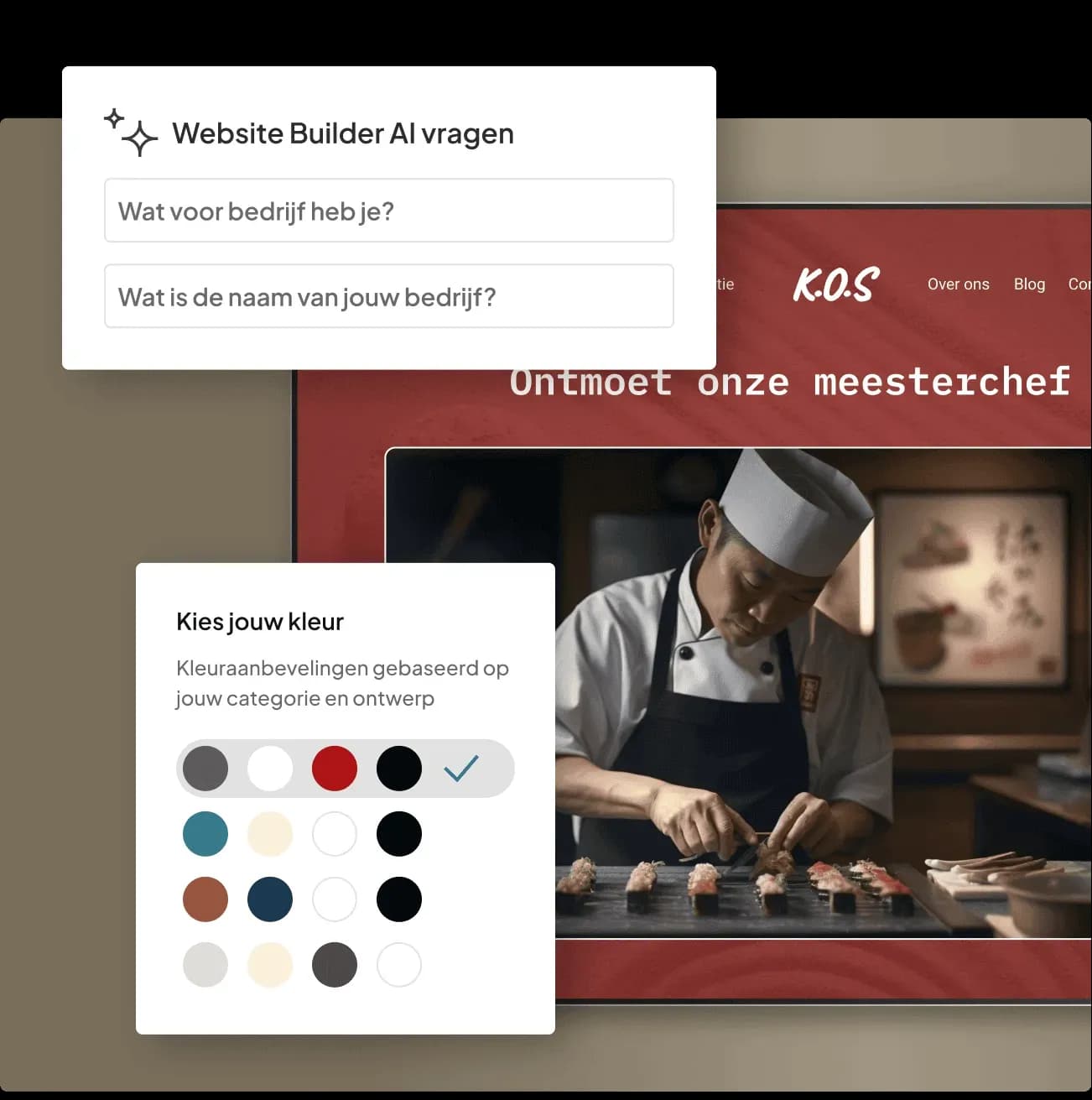 Website Builder AI genereert een website en doet suggesties voor passende kleuren.