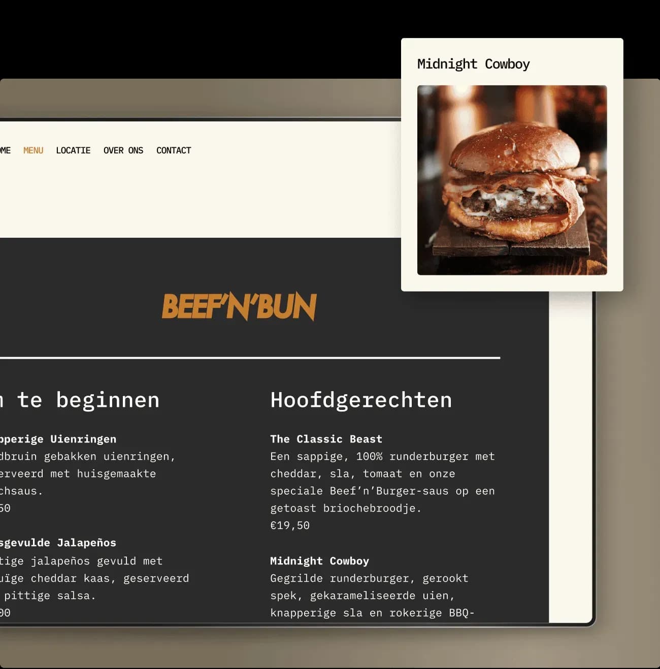 Voorbeeld van een zelfgemaakte restaurantwebsite met menukaart en productafbeelding.