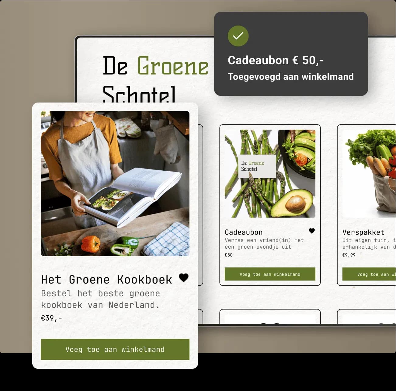 Voorbeeld van een webshop waarin een kookboek en cadeaukaart aan de winkelmand worden toegevoegd.