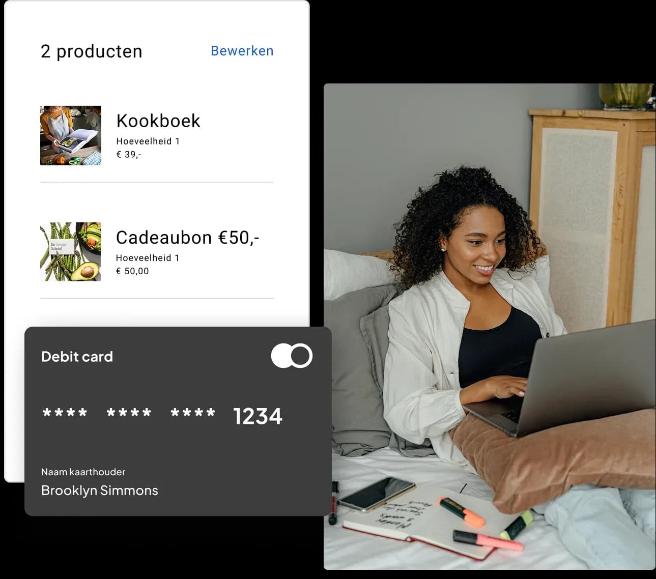 Online winkelmand met een kookboek en cadeaukaart en een veilige betaalmogelijkheid.