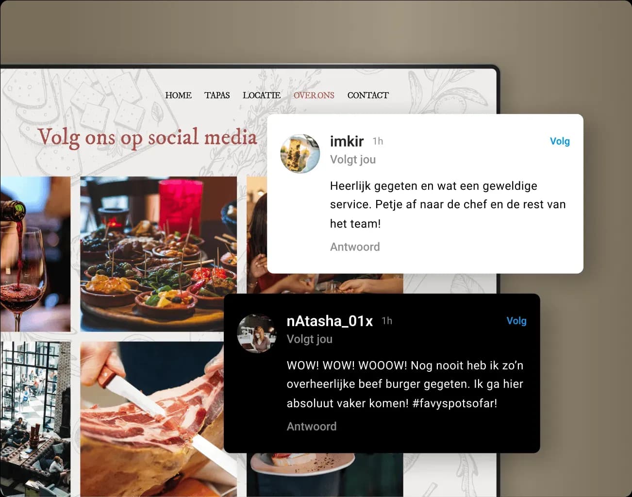 Restaurantwebsite met socialmediaberichten en reacties van tevreden klanten.