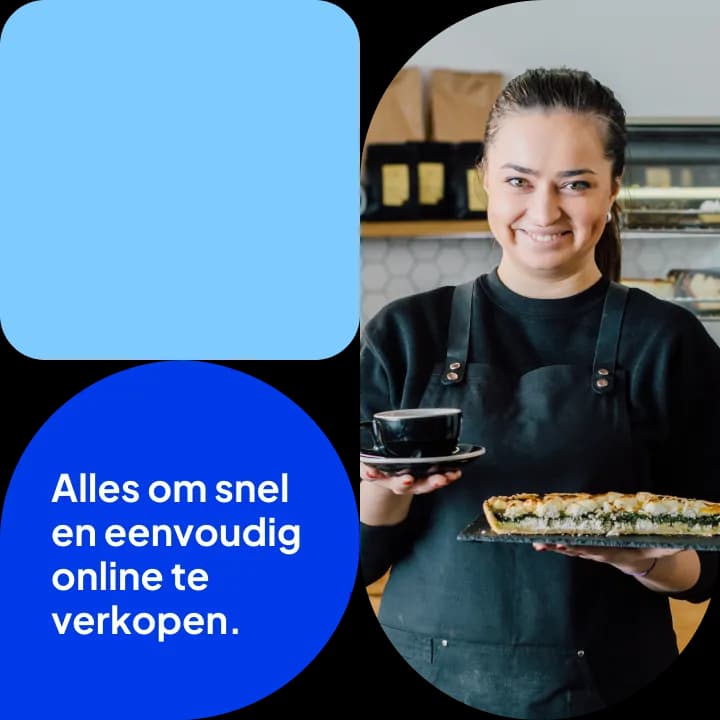 Barista met een kop koffie en een plank hartige taart in de hand, met de tekst 'Alles om snel en eenvoudig online te verkopen'.