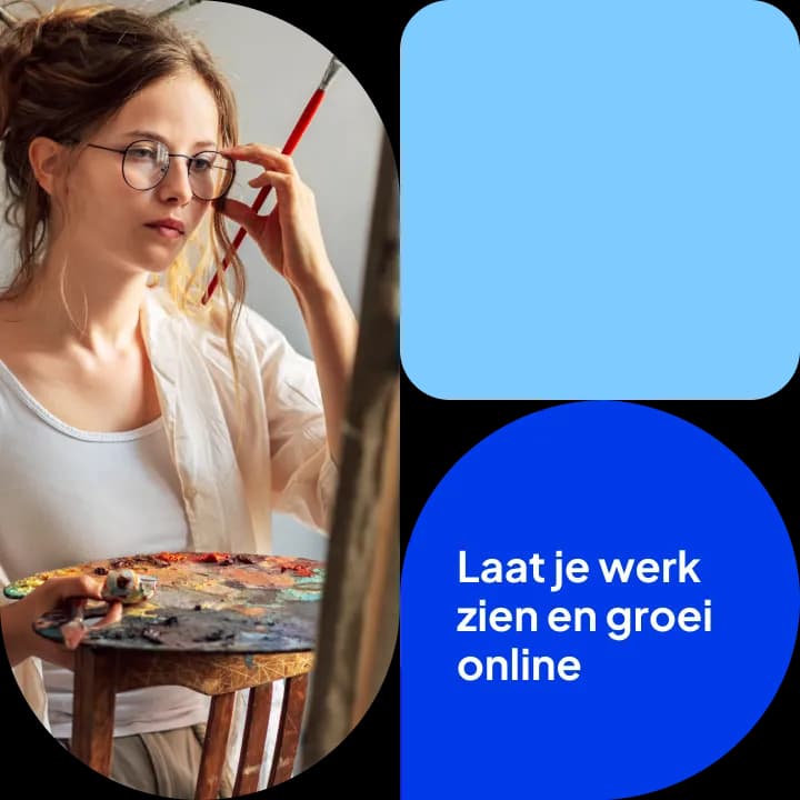 Een schilder met kwast in de hand, met de tekst: Laat je werk zien en groei online