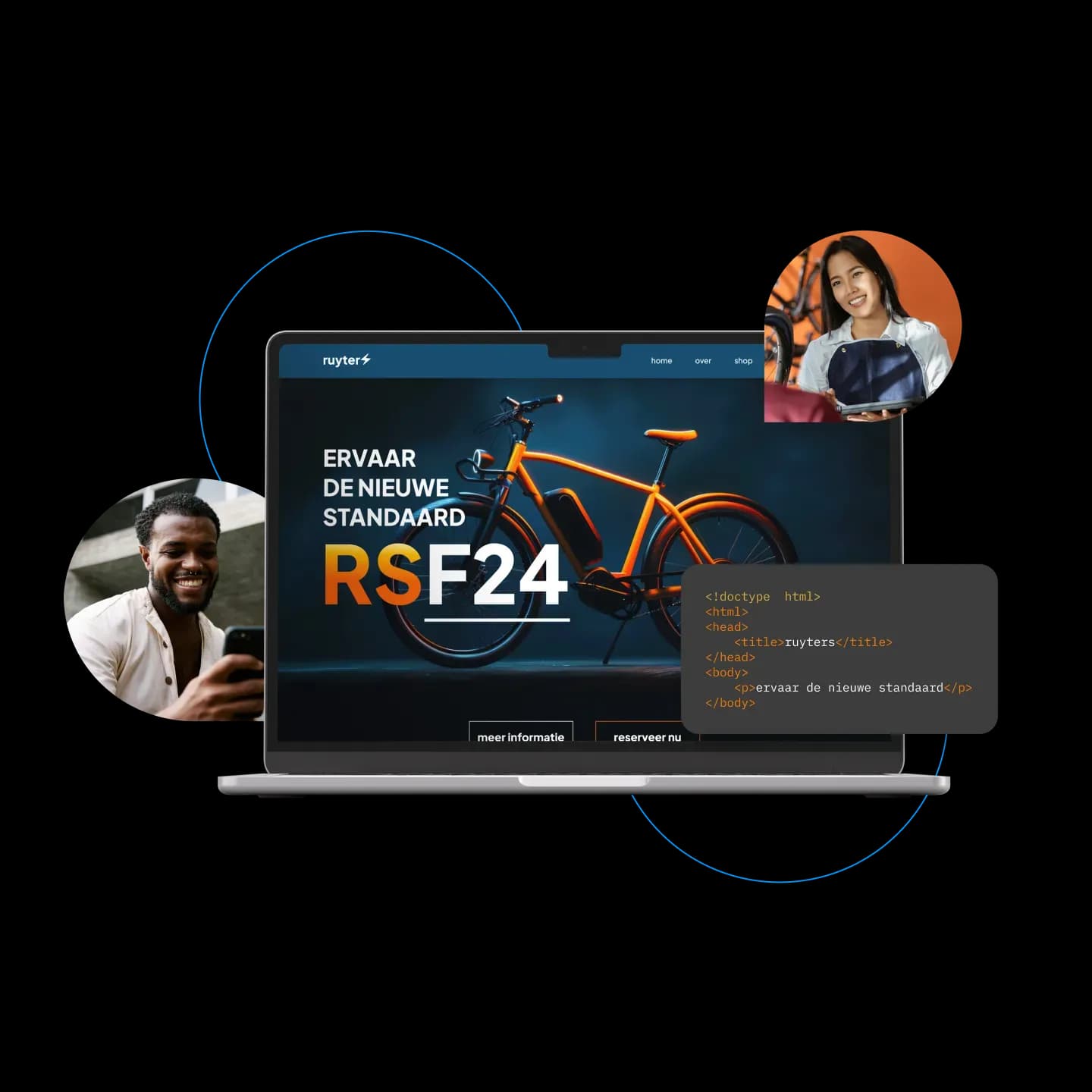 Website van een klant op webhosting van Hostnet, getoond op een laptop met de HTML-code ernaast.