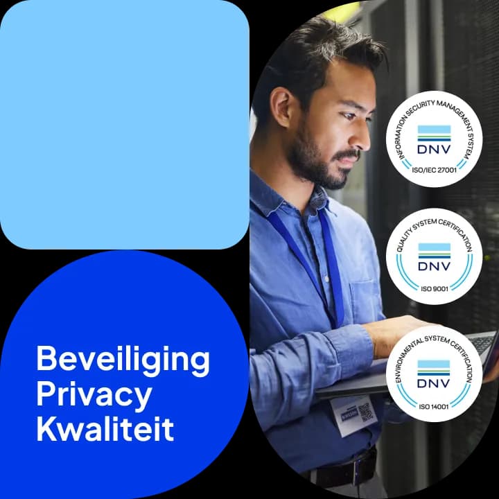 DNV-keurmerken voor ISO/IEC 27001, ISO 9001 en ISO 14001, met de tekst 'Beveiliging Privacy Kwaliteit'.