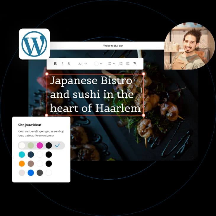 WordPress-beheeromgeving van een kunstenaarswebsite met een schilderij van rozen, een rond portret van een lachende vrouw en een kaart met de tekst 'Website Update-rapport: Plugin update voltooid, Status van uptime is 100%, WordPress-core is bijgewerkt naar de nieuwste versie, Er is een back-up gemaakt'.