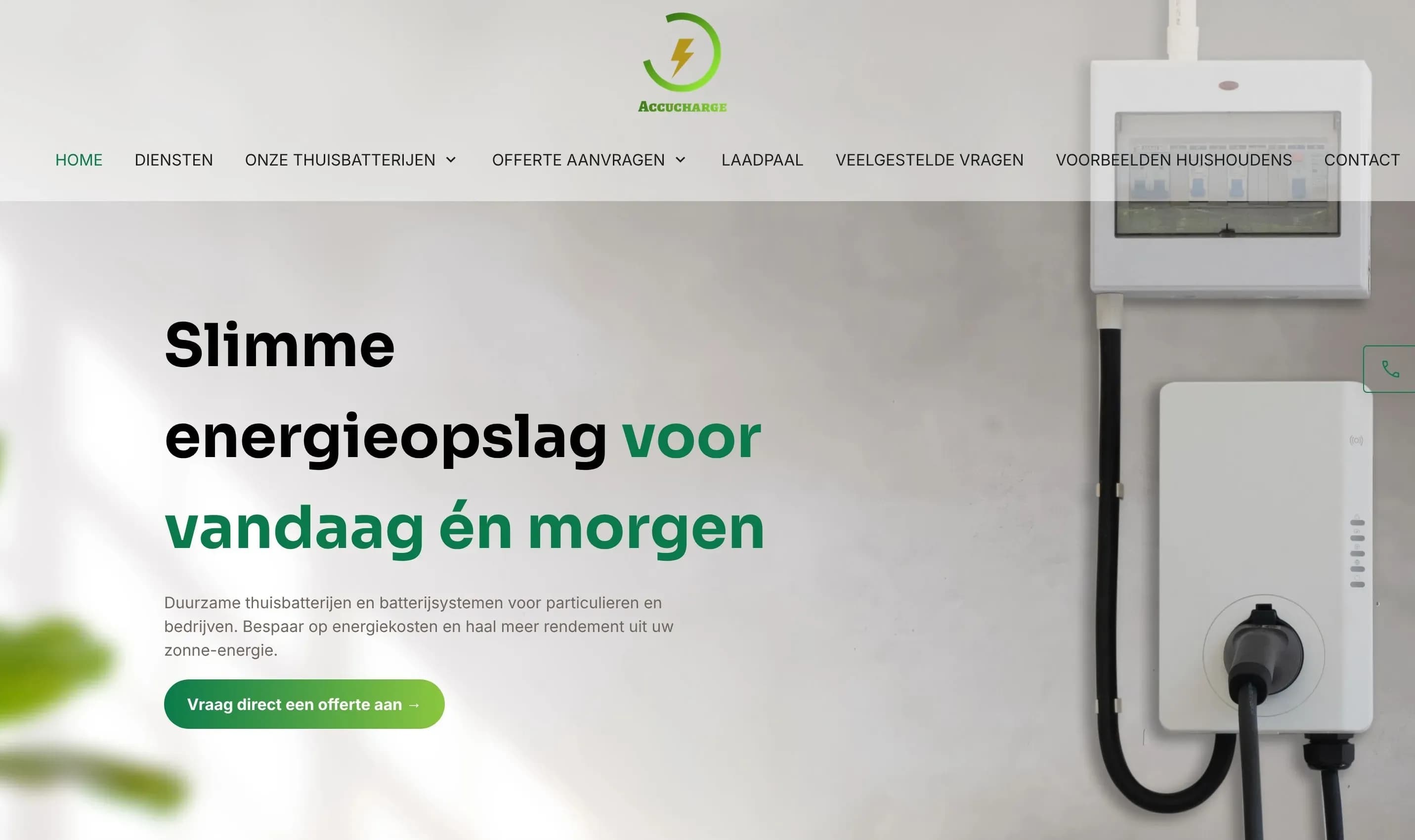 Homepage van Accucharge met informatie over thuisbatterijen, energieopslag en batterijsystemen voor particulieren en bedrijven.
