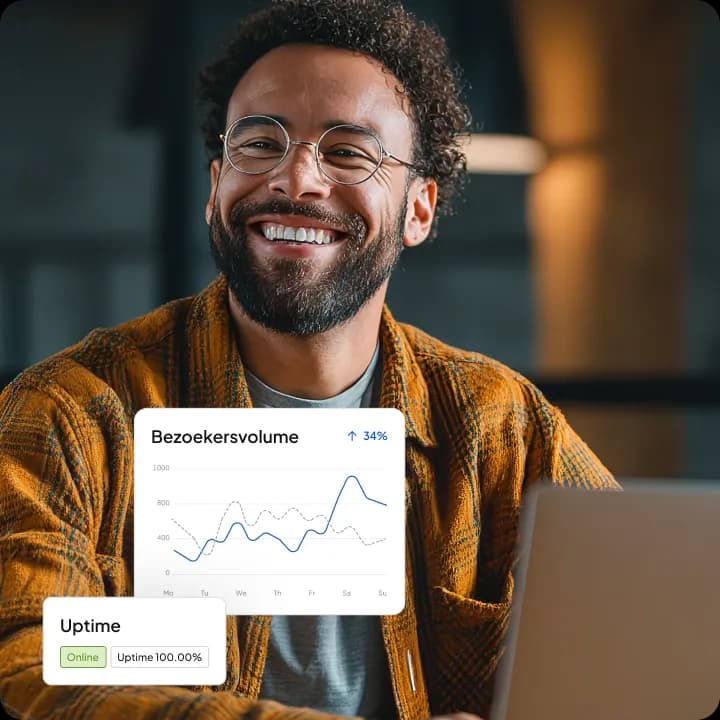 Bezoekersvolume dat 34% stijgt en 100% uptime, naast een lachende man met bril achter een laptop.