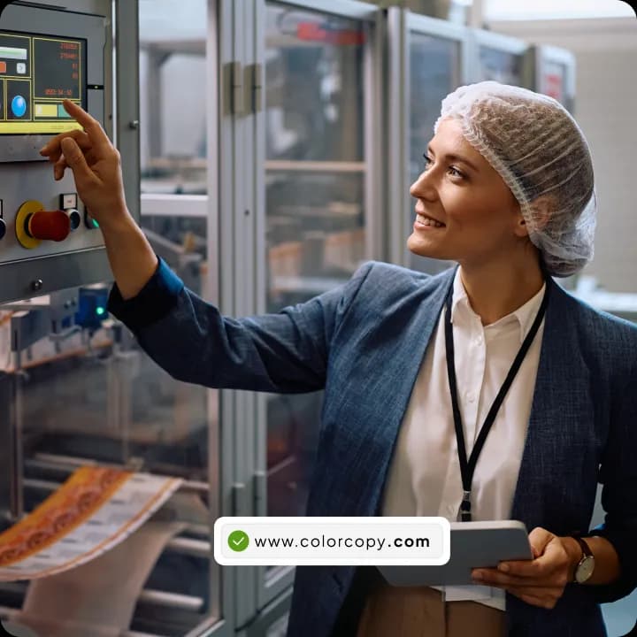 Vrouw met haarnetje en een tablet in haar hand bedient het paneel van een industriële machine, met een groen vinkje bij de domeinnaam www.colorcopy.com.