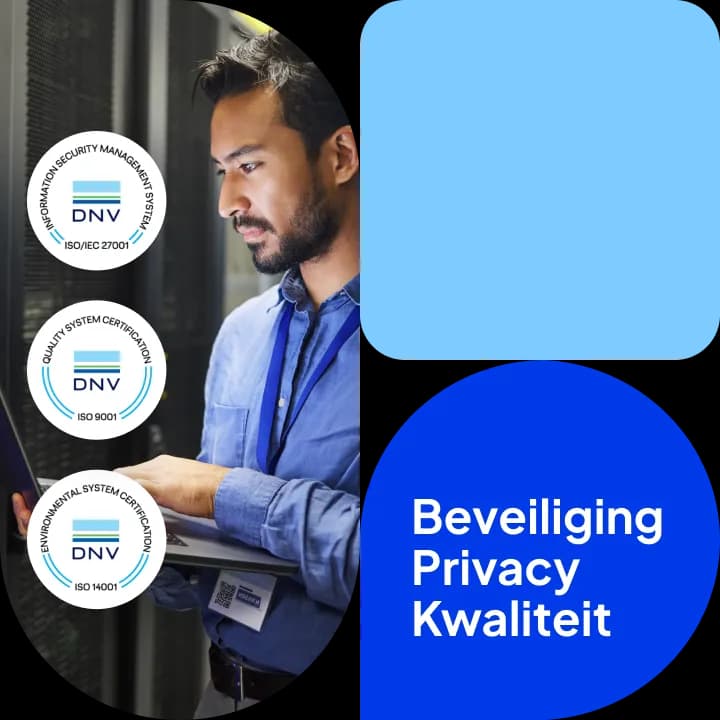 ISO-certificaten van DNV naast een man met laptop bij serverkasten, met de tekst 'Beveiliging Privacy Kwaliteit'.