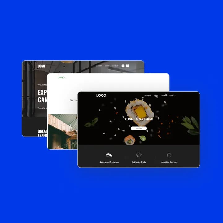 Drie websitetemplates over elkaar heen, vooraan een donkere website voor een sushirestaurant met de tekst 'Sushi & Sashimi'.