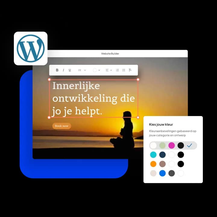WordPress-logo naast een website-editor met een foto van een zonsondergang, een kleurkiezer met de tekst 'Kies jouw kleur' en een paneel met de tekst 'Website Builder AI vragen'.