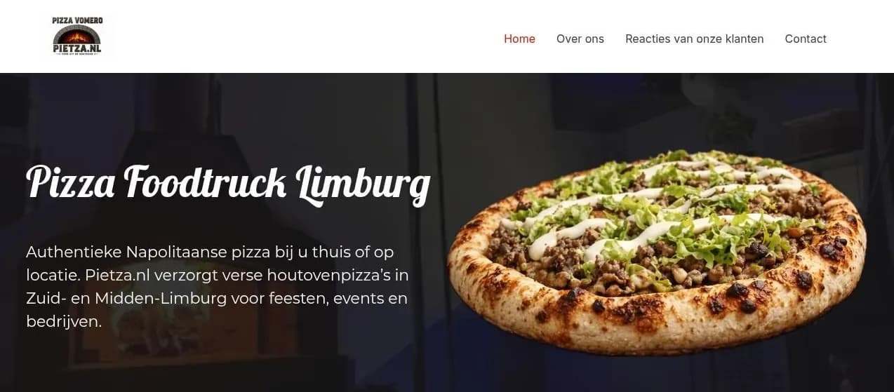 Homepage van Pietza.nl met authentieke Napolitaanse pizza's uit een houtoven en pizza foodtruck voor evenementen in Limburg.