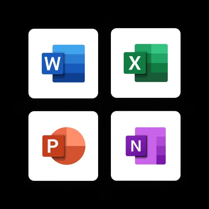 Pictogrammen van de Microsoft 365-apps Word, Excel, PowerPoint en OneNote