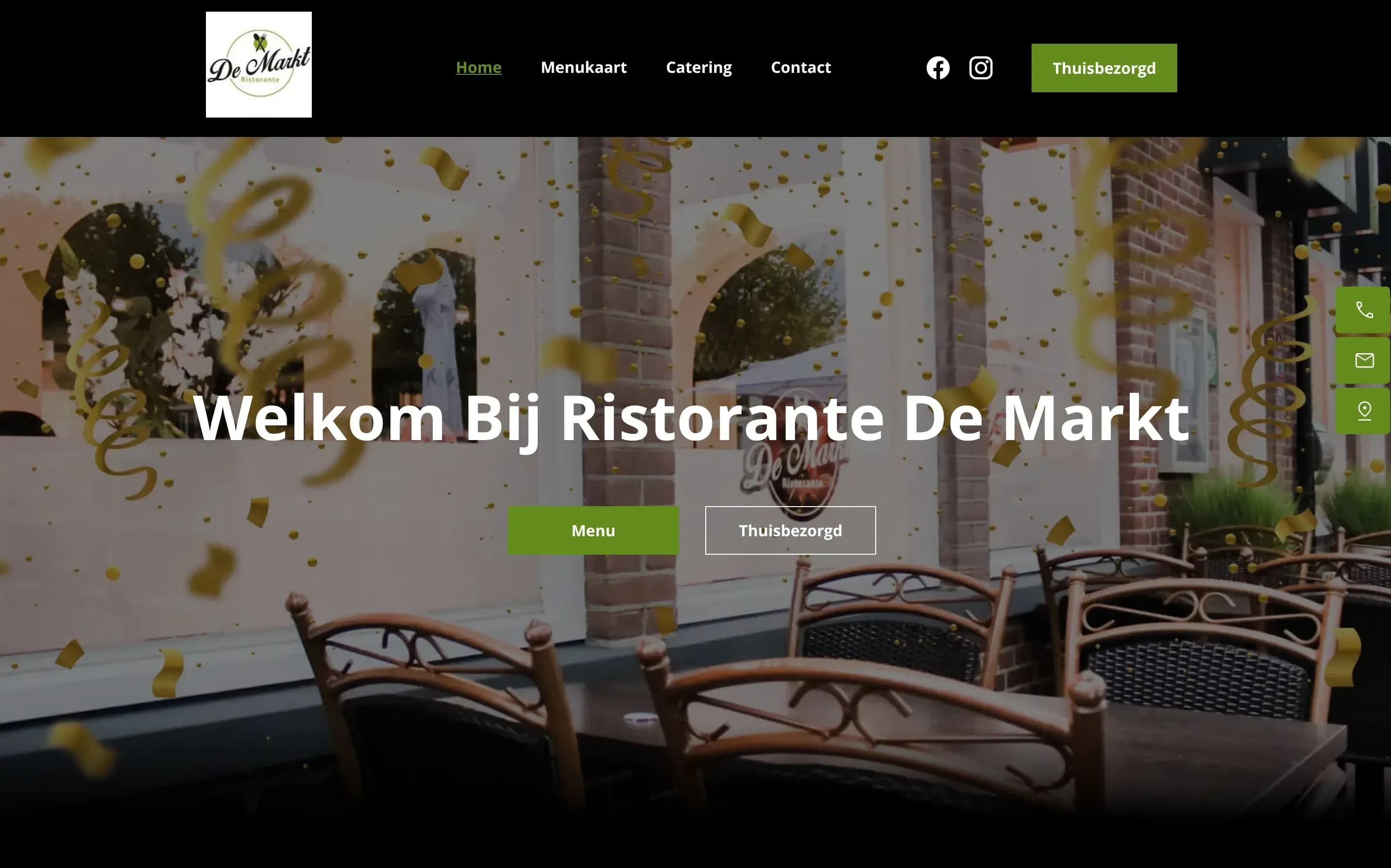 Homepage van Ristorante De Markt met Italiaans restaurant, menukaart, thuisbezorging en sfeervolle foto's van gerechten.