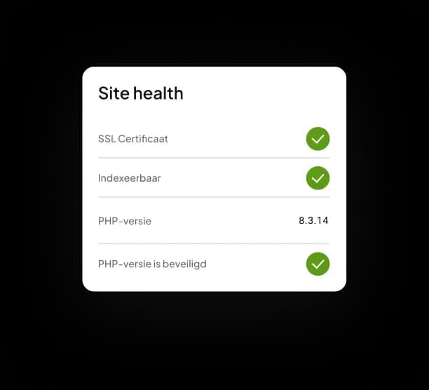 Website health-overzicht met SSL-certificaat, indexeerbaarheid en beveiligde PHP-versie.
