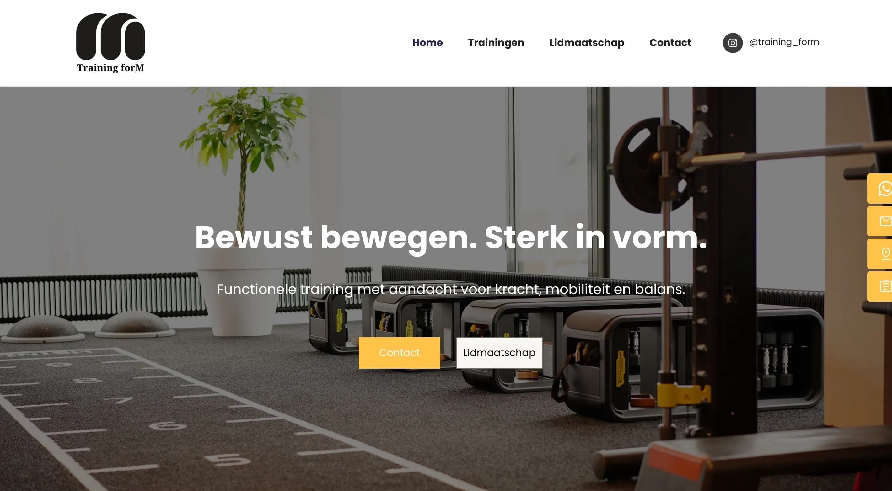Homepage van Training form met persoonlijke training, functionele fitness, deskundige begeleiding en klantbeoordelingen.