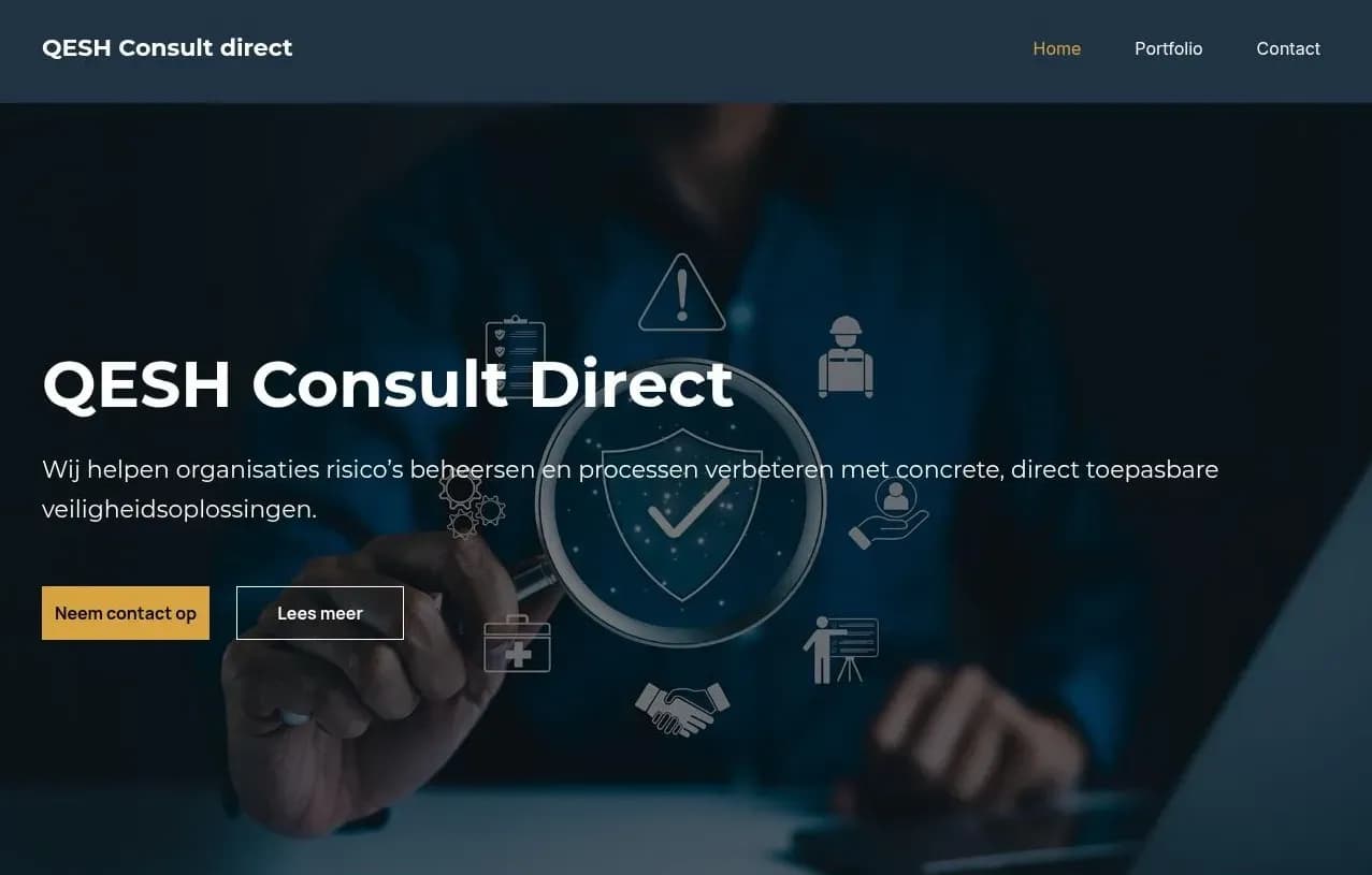 Homepage van QESH Consult Direct met advies over veiligheid, risicobeheersing, compliance en procesoptimalisatie voor organisaties.