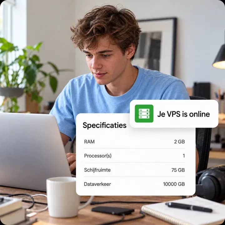Melding dat de VPS online is, met 2 GB RAM en 75 GB schijfruimte, naast een juichende man achter een laptop.