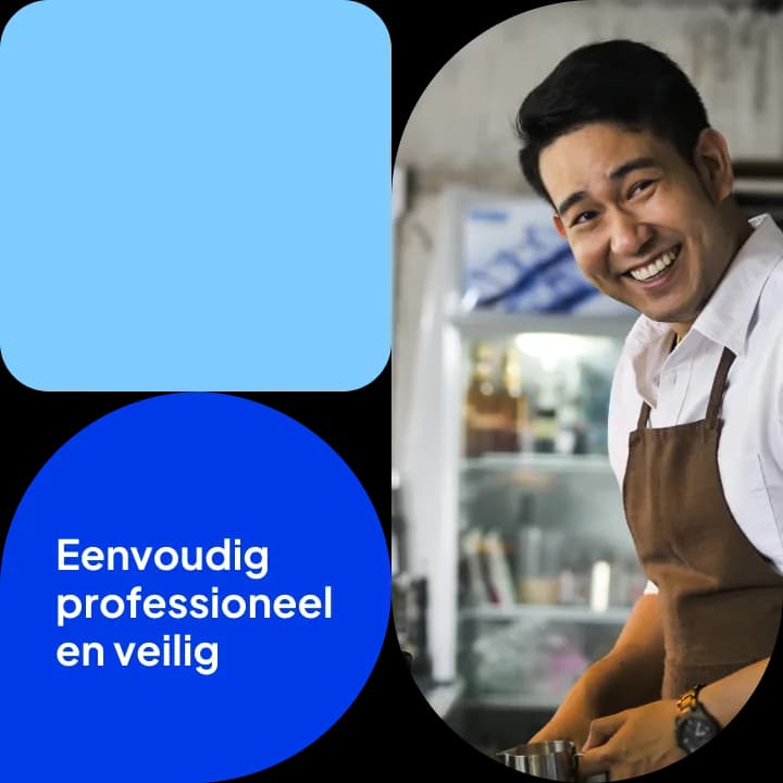 Glimlachende ondernemer met schort in zijn werkruimte, met de tekst 'Eenvoudig, professioneel en veilig'.