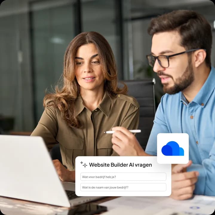 Een vrouw en een man met bril overleggen achter een laptop, met een paneel met de tekst 'Website Builder AI vragen' en het Hostnet-logo.