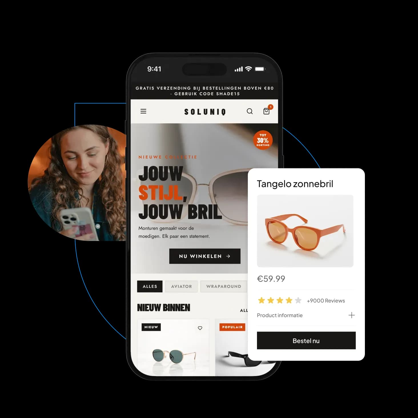 Mockup van een smartphone met een webshop voor zonnebrillen met de tekst 'Jouw stijl, jouw bril', naast een productkaart van een oranje zonnebril en een vrouw die op haar telefoon kijkt.