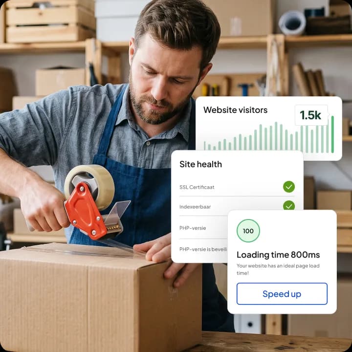Laadtijd van 800 ms en een site health-check met geldig SSL-certificaat, naast een man die een doos inpakt.