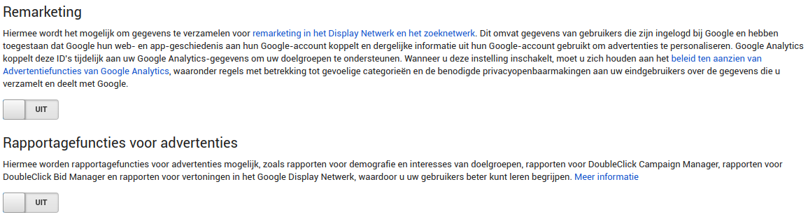 'Remarketing' en 'Rapportagefuncties voor advertenties' Google Analytics