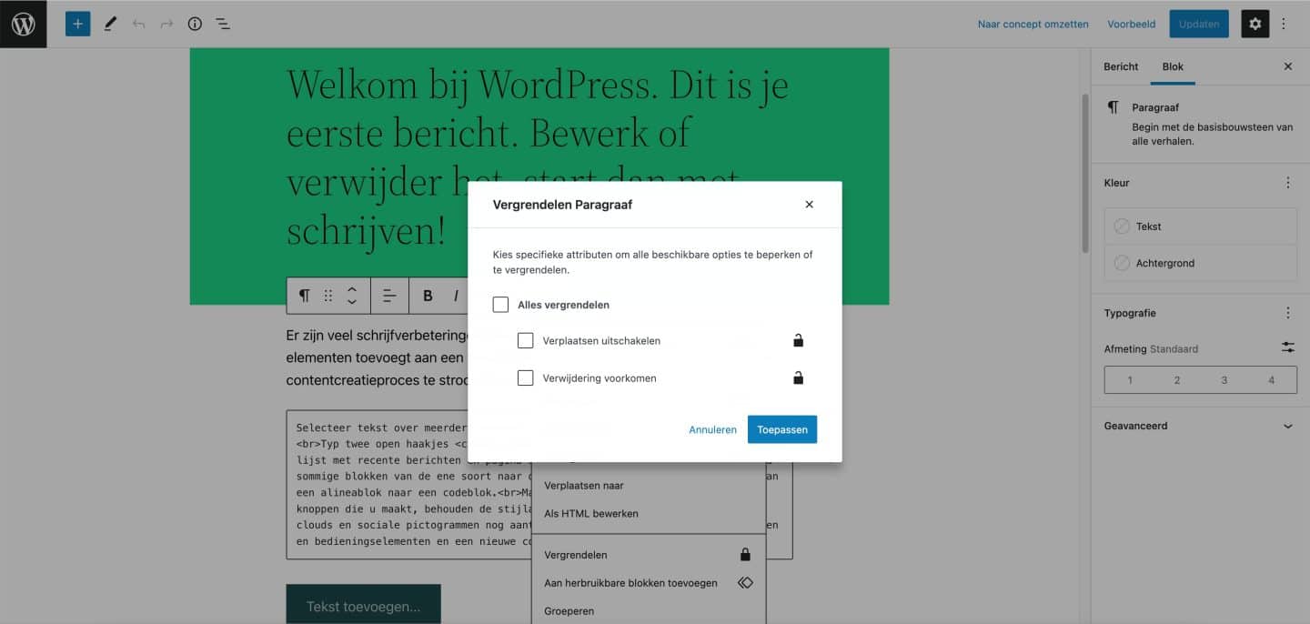 WordPress 6.0 blok vergrendelen